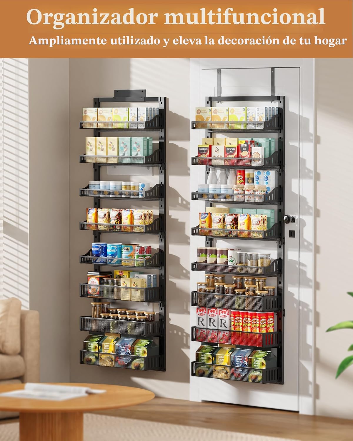 Organizador de Despensa de 8 Niveles Sobre la Puerta, Estante Grande de Metal para Especias en Puerta con Canasta Ajustable, 2 en 1 Montaje en Pared o Colgante de Servicio Pesado Estante de