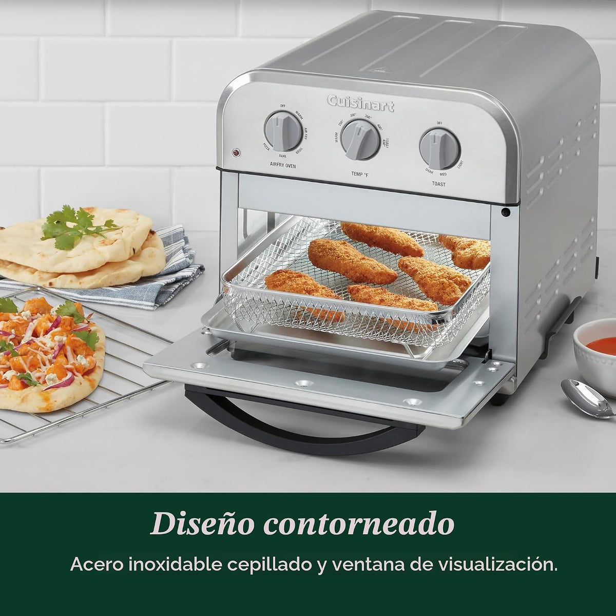 Cuisinart Horno Tostador Freidora de Aire Compacto, Freidora de Acero Inoxidable con Funciones 6-en-1, Temperatura Ajustable, Incluye Estante para Horno, Bandeja para Hornear y Cesta para Freidora de