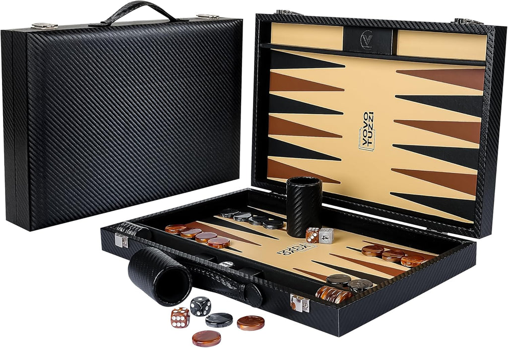 Juego de backgammon de 15 pulgadas para adultos, de fibra de carbono de alta calidad, de piel sintética, plegable, juego de mesa clásico de viaje portátil para fiestas familiares, entretenimiento al aire libre