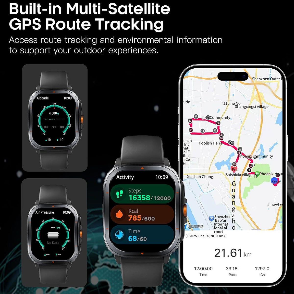Relojes Inteligentes para Hombres con GPS/Brújula/Altímetro/linterna, Pantalla HD de 2.01", Monitor de Frecuencia Cardíaca 24/7, Presión Arterial, Seguimiento del Sueño, Monitor de Oxígeno en Sangre, 128 Modos Deportivos Fitness Tracker (Negro)