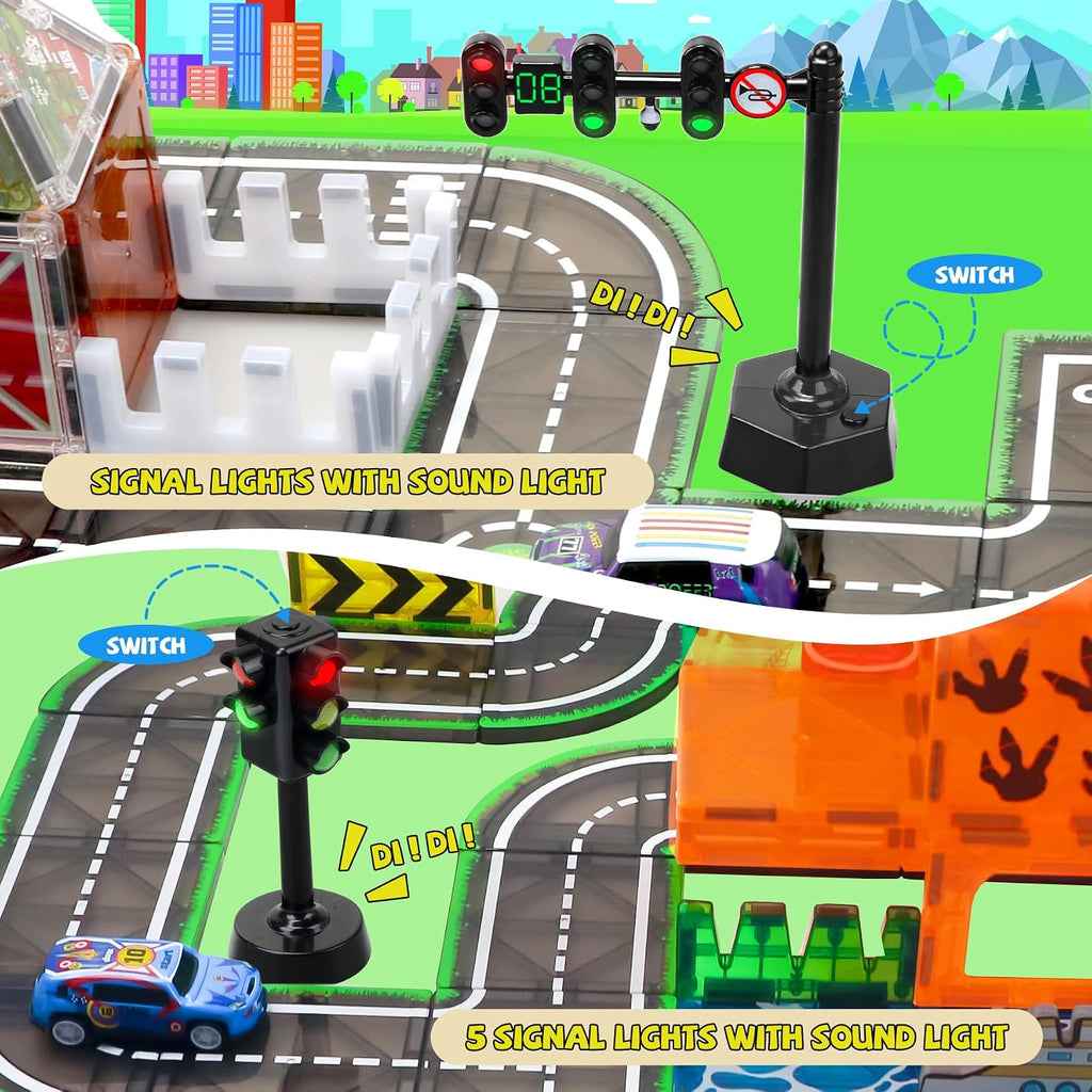 Azulejos magnéticos de carretera con semáforo y autos para niños de 4 a 8 años, juguetes para niños