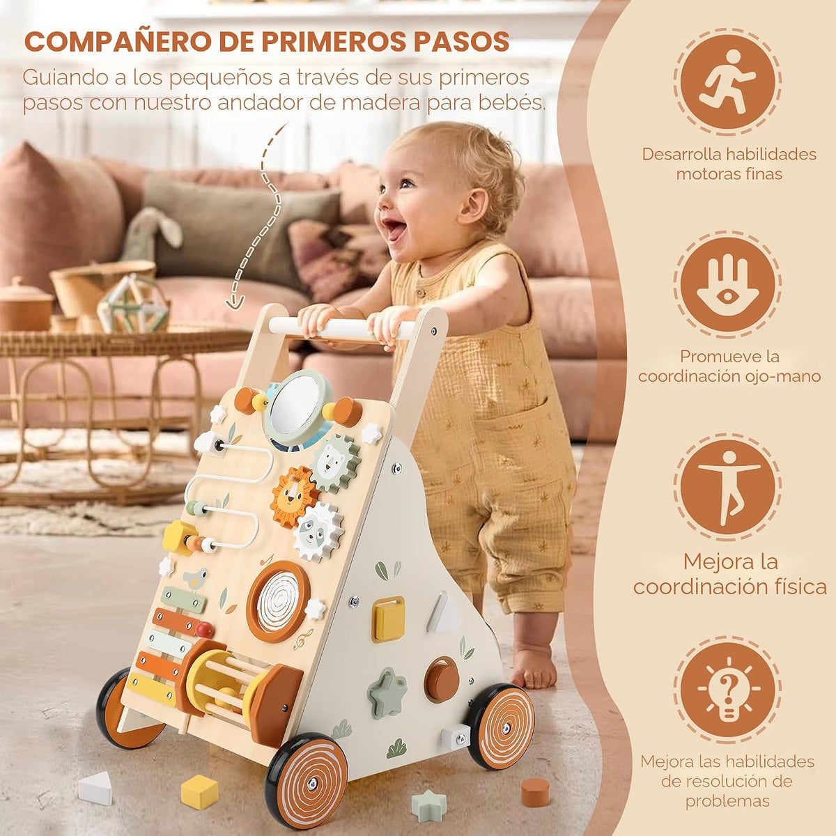 Andador de madera para bebés, andador de empuje para bebés con centro de actividades para niñas y niños, juguetes Montessori Push Walker para bebés que aprenden a caminar, sentado a pie, para 10-12 meses, 1, 2, 3 años