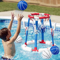 Juego de aro de baloncesto y lanzamiento de anillos 2 en 1 para piscina, base estable antipunta, incluye 4 pelotas de baloncesto, 8 anillos/bomba de bomba, juguetes flotantes de verano para piscina