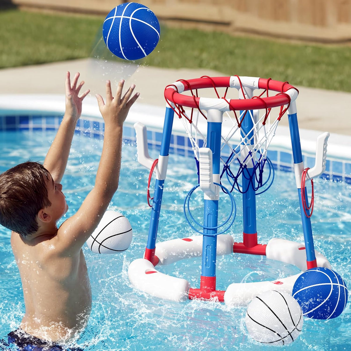 Juego de aro de baloncesto y lanzamiento de anillos 2 en 1 para piscina, base estable antipunta, incluye 4 pelotas de baloncesto, 8 anillos/bomba de bomba, juguetes flotantes de verano para piscina