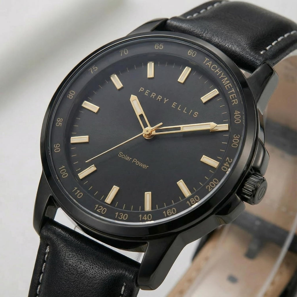 Reloj Perry Ellis para hombre con energía solar | Relojes de pulsera analógicos resistentes al agua de cuero vegano para hombre | Caja de 43mm | Bisel taquimétrico de aluminio | Elegante regalo para