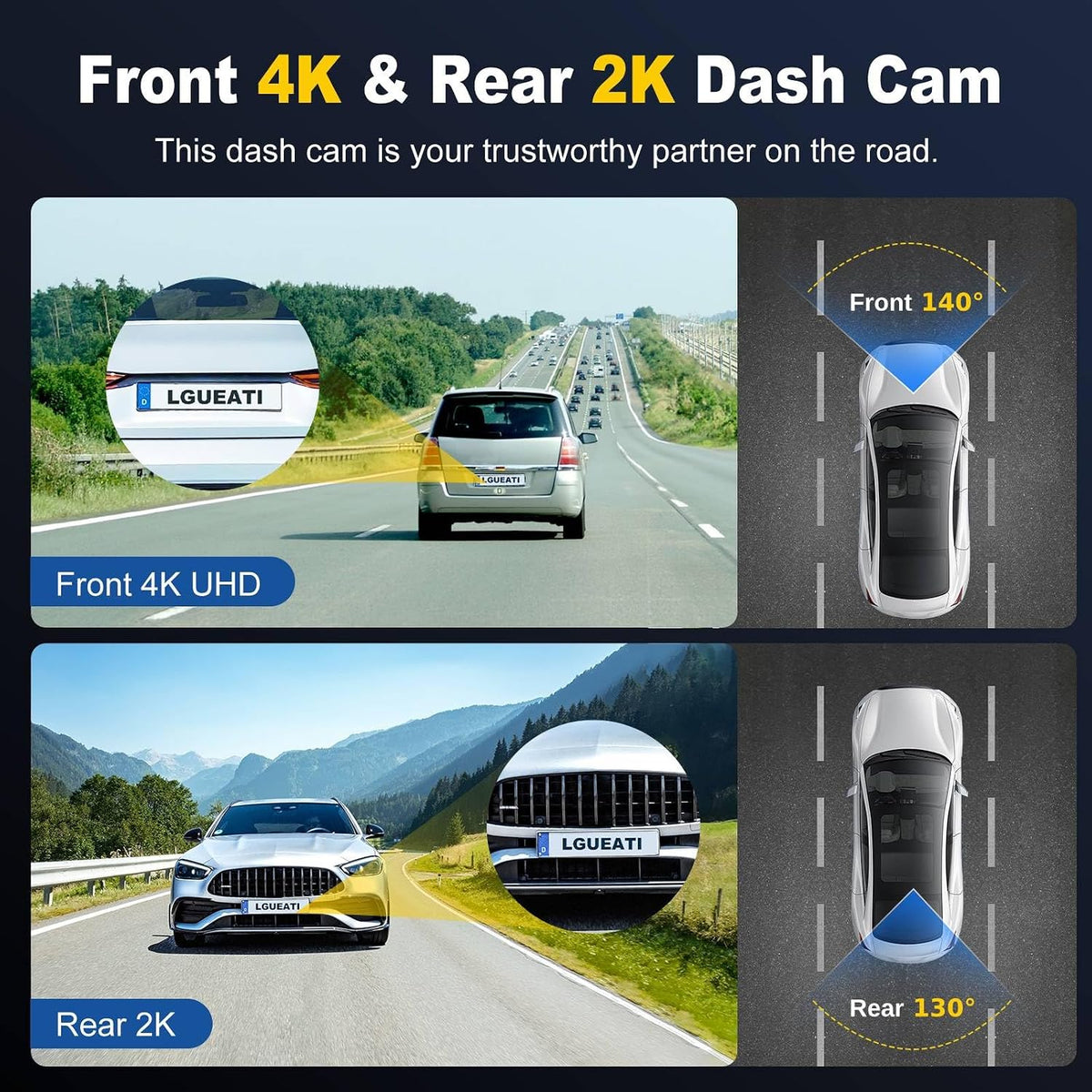 Dash Cam, cámara frontal y trasera 4K+2K Full HD para automóvil con 5G WiFi integrado, pantalla IPS de 3.0 pulgadas, incluye tarjeta de 64 GB, visión nocturna, grabación en bucle