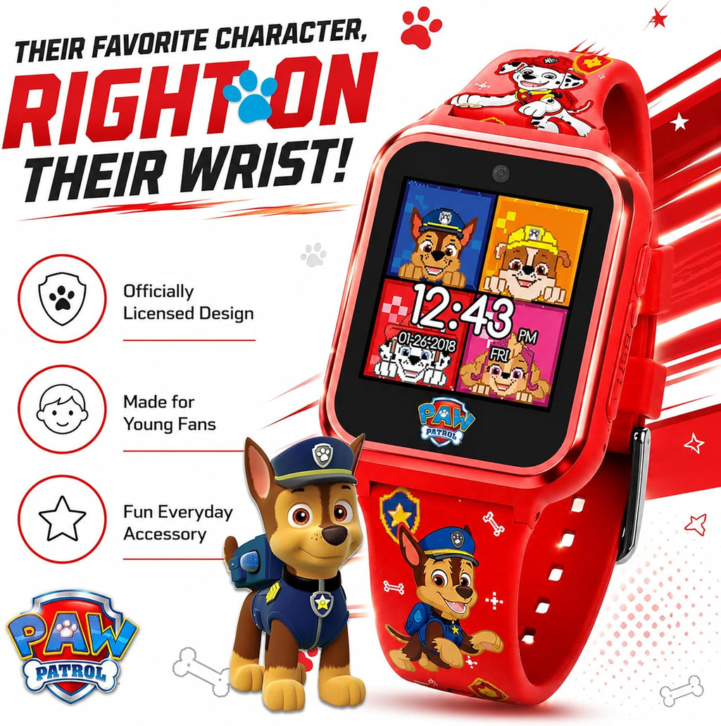 Reloj inteligente Accutime Paw Patrol con cámara para niños y bebés - Reloj inteligente interactivo para niños y niñas con juegos, grabadora de voz, calculadora, podómetro, alarma, cronómetro, con