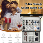 Ogrmar Cajas de almacenamiento de relojes con 12 ranuras de cuero PU con cerradura, cajón de exhibición de joyería para hombres y mujeres, organizador de 2 niveles con vitrina de reloj y tapa de