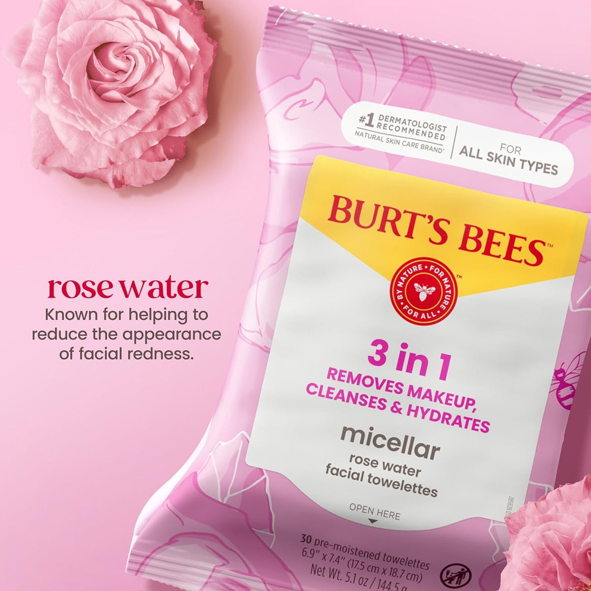 Burts Bees - Toallas faciales micelar de agua de rosas, 100% tela a...