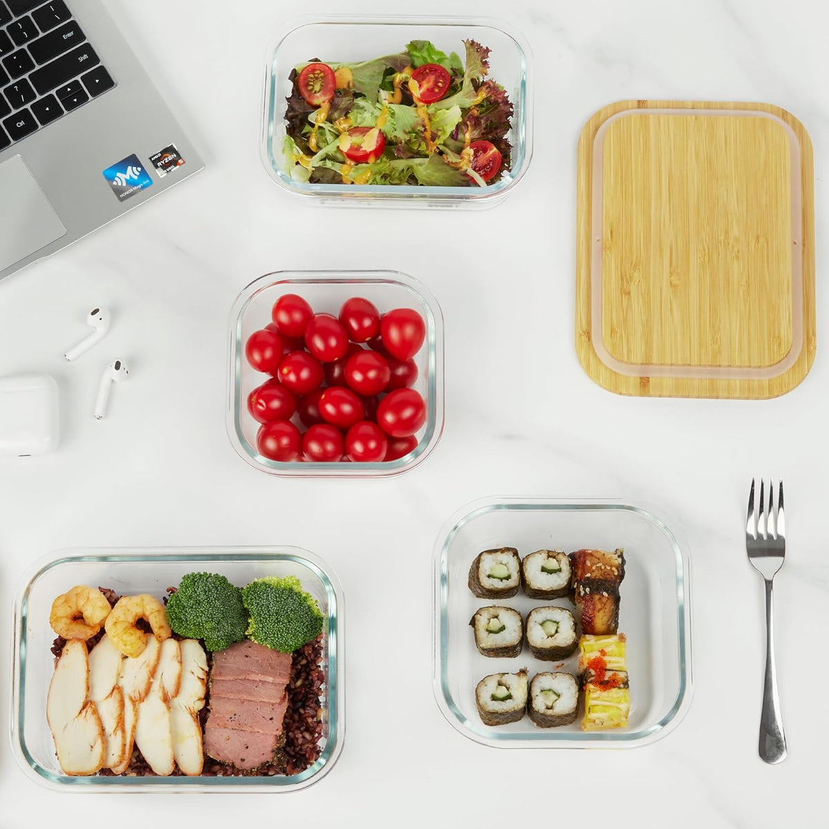 Vtopmart Recipientes de vidrio para almacenamiento de alimentos con tapas de bambú, paquete de 4 recipientes de vidrio para preparación de comidas, seguros para microondas, horno, congelador y