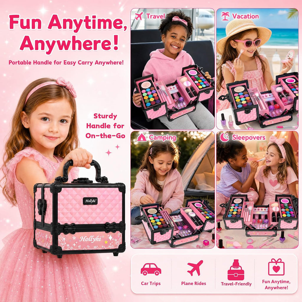 Juego de 59 piezas de maquillaje para niñas, juego de juguetes de maquillaje lavables para disfrazarse, juego de tocador de belleza con estuche de cosméticos, juguetes de cumpleaños para niñas
