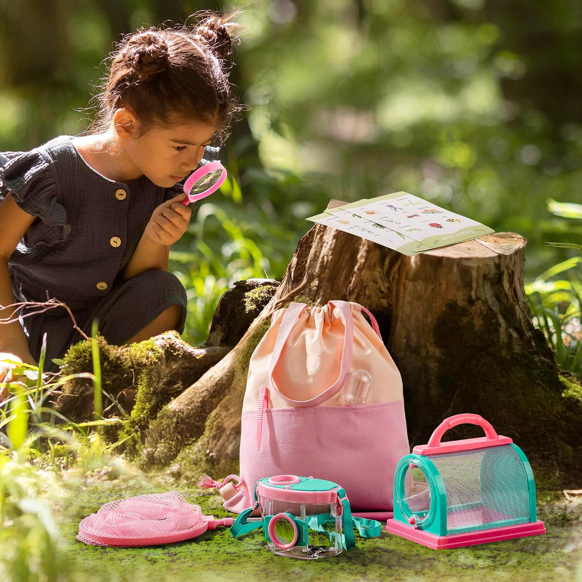 ROBOTIME Kit explorador para niños y kit de atrapador de insectos para niños, kit de 10 piezas para atrapar insectos al aire libre con lupa y red, juego de aventura para patio trasero y campamento, regalo divertido para niñas de 3 a 12 años (rosa)