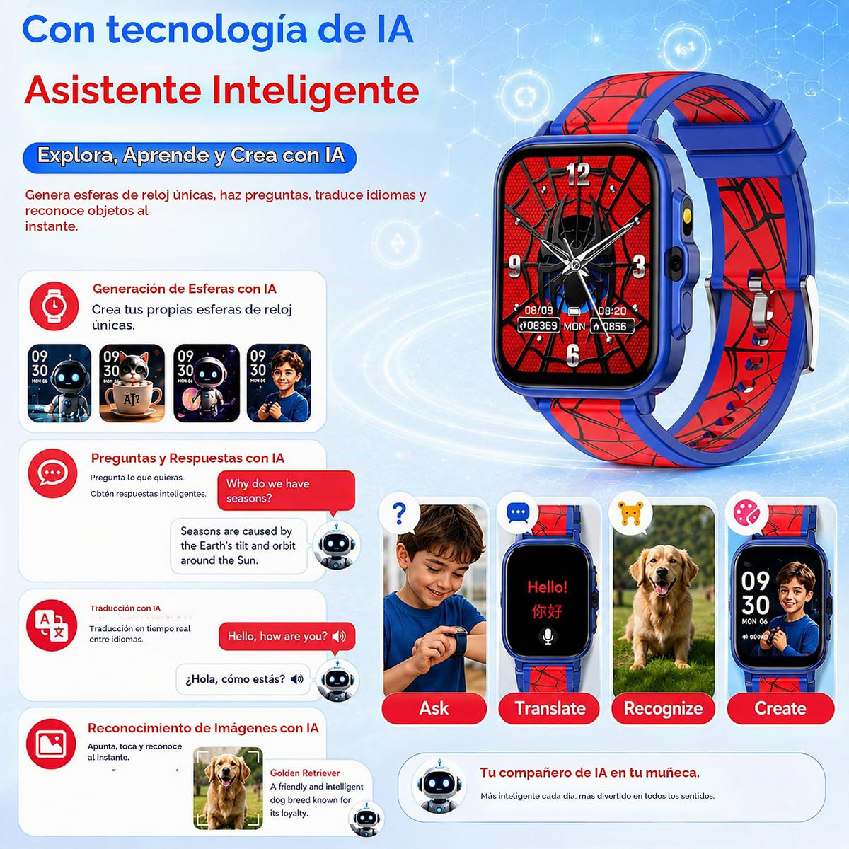 Reloj inteligente para niños de 5 a 12 años, juegos de funciones Ai con pantalla táctil HD, con cámara de video, reproductor de música, podómetro, ritmo cardíaco, rastreador de sueño, regalos de Navidad y cumpleaños para niños (azul y rojo, 1.85 pulgadas)