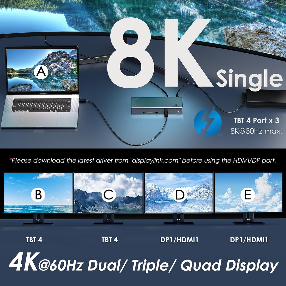 WAVLINK Base Thunderbolt 4 con carga de 100 W, estación de acoplamiento Displaylink Monitor Quad 4K @60Hz, 3 puertos Thunderbolt 4, Ethernet 2.5G, Base Thunderbolt para Mac M1-M4 y PC, controlador