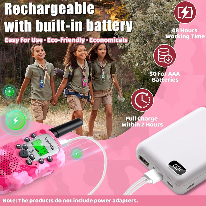 Vvinca Walkie Talkies para niños, paquete de 4 recargables, 3 milla...