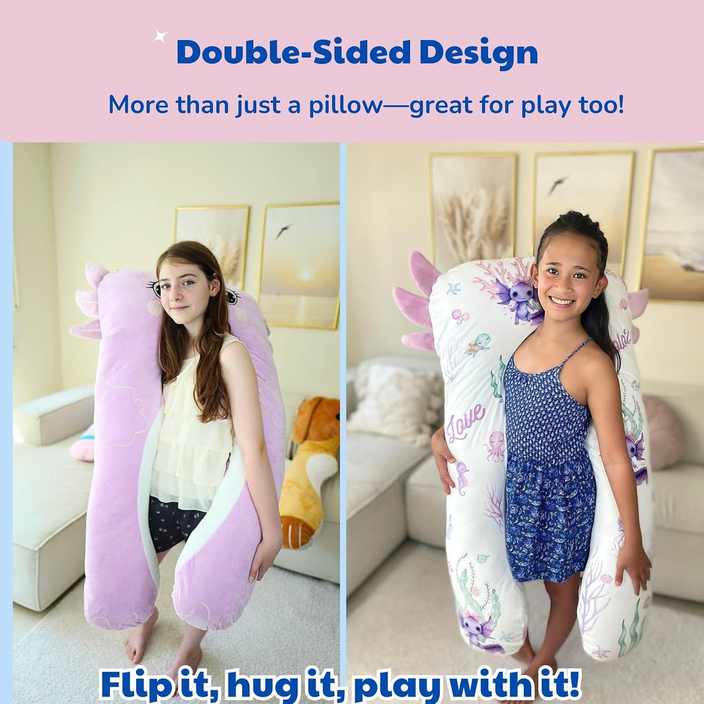 Axolotl - Almohada corporal para niños, 47 pulgadas, almohada de felpa suave de felpa larga en forma de U para niños, dormir, leer, TDAH y necesidades especiales, comodidad, ansiedad, funda lavable, acurrucarse divertido para niños y niñas