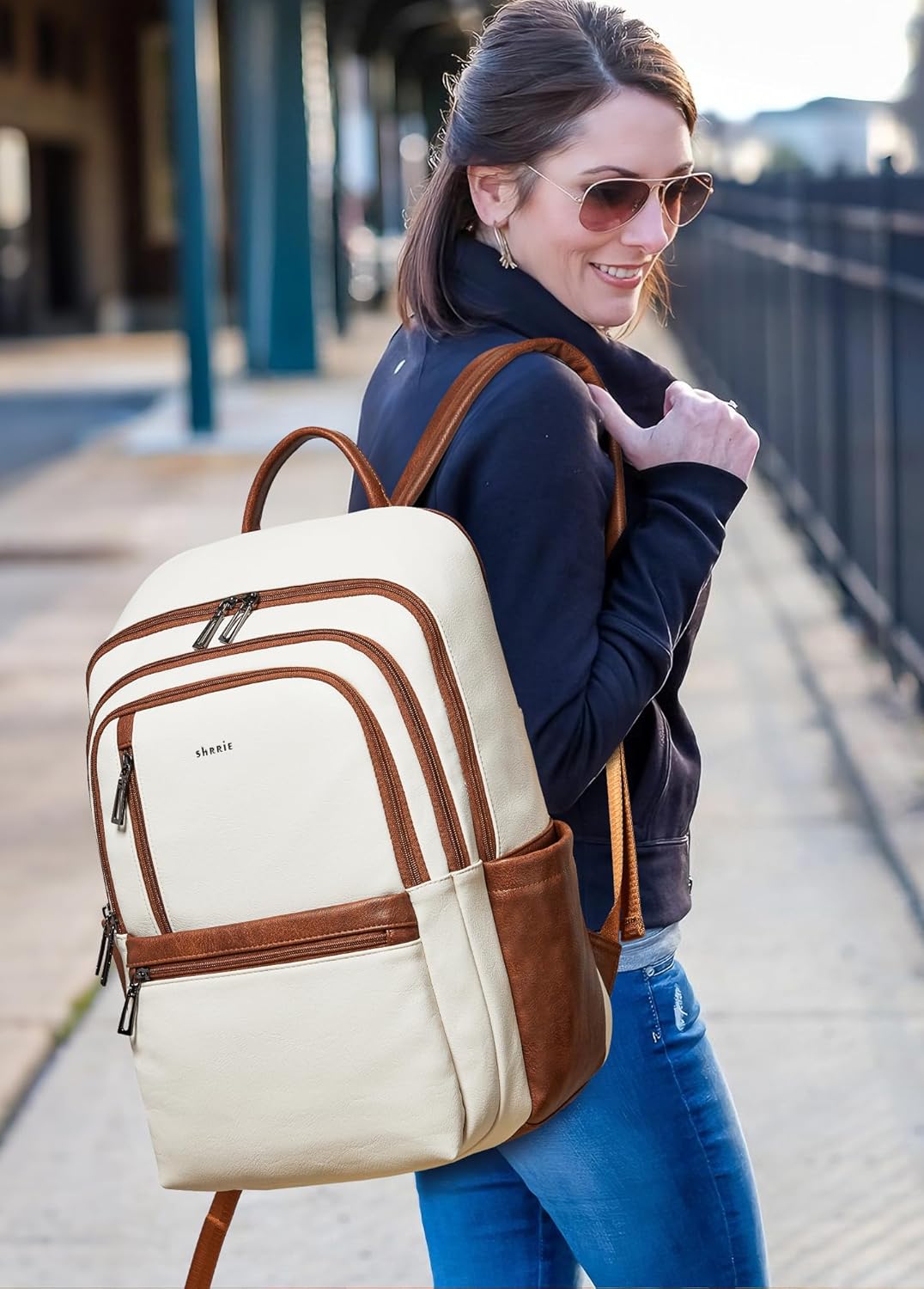 Shrrie Mochila de cuero para laptop de 17 pulgadas para mujer, moch...