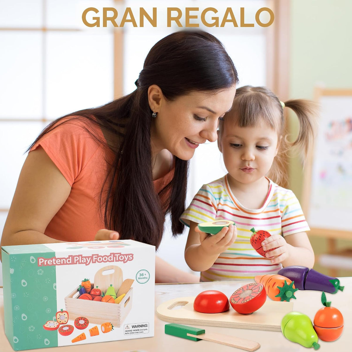 Comida de madera para niños pequeños, juego de cortar frutas y verduras para cocina de juguete