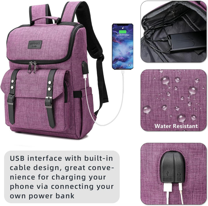 Mochila vintage para laptop con puerto de carga USB para mujeres y...