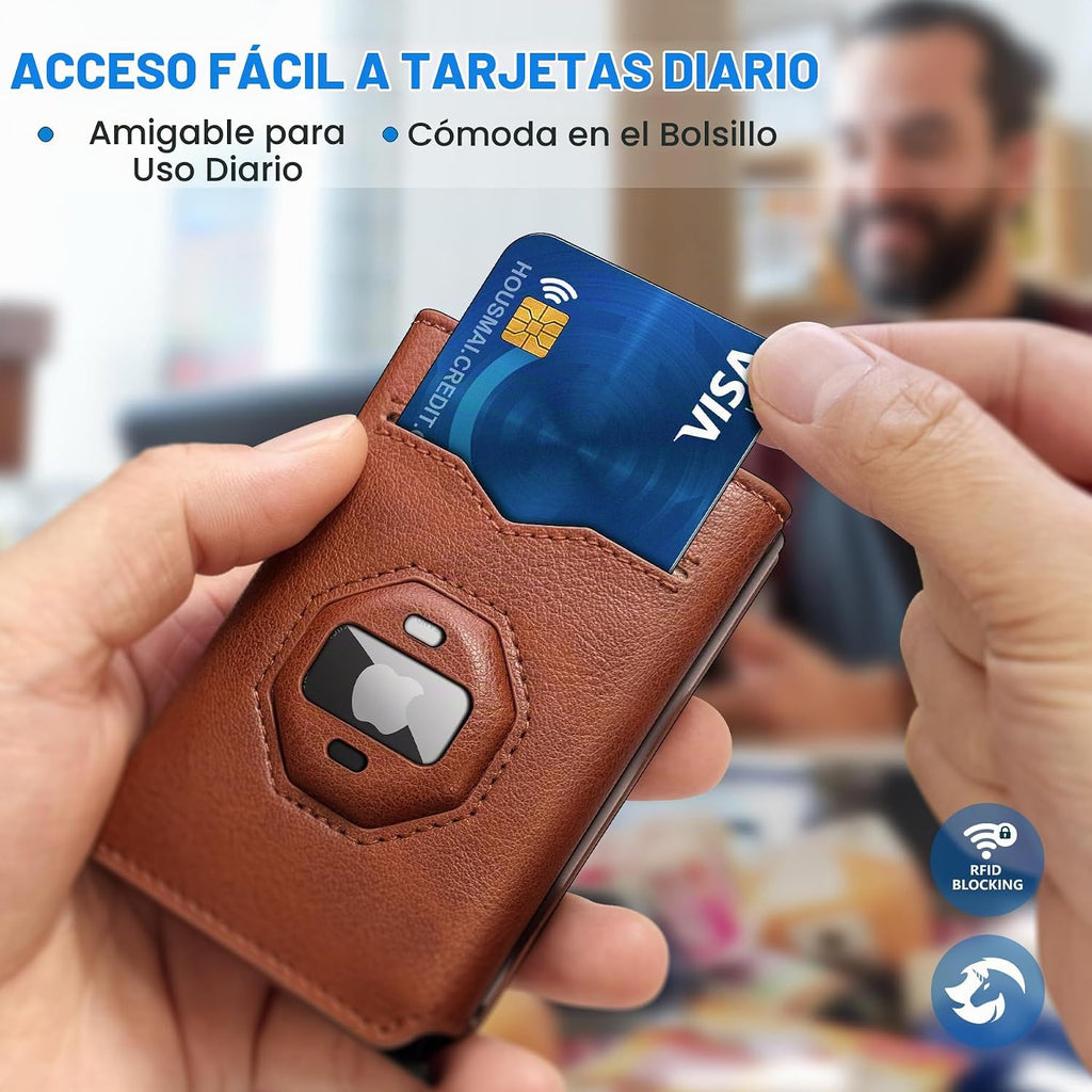 Billetera para Airtag para hombre, con bolsillo para efectivo, 2 ventanas de identificación, más de 10 tarjetas, funda de metal inteligente, delgada, con cierre magnético, bloqueo RFID