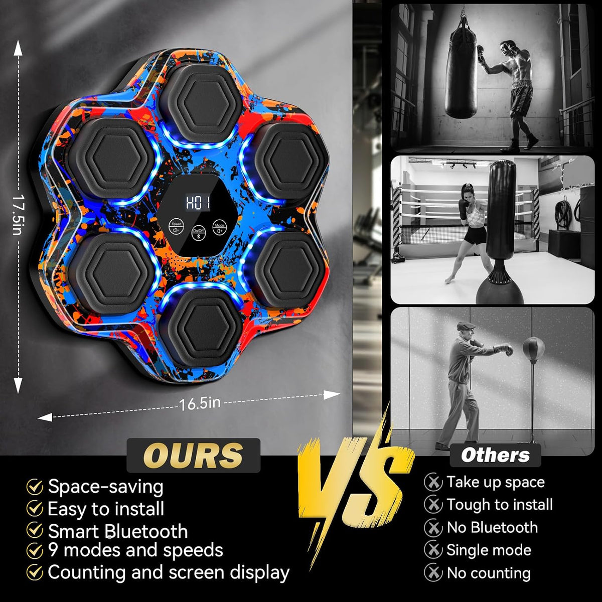 Máquina de Boxeo con Música, Máquina de Boxeo Inteligente Bluetooth con Guantes, Entrenador de Punching Montado en Pared para Niños y Adultos, Objetivo de Entrenamiento de Boxeo Electrónico LED