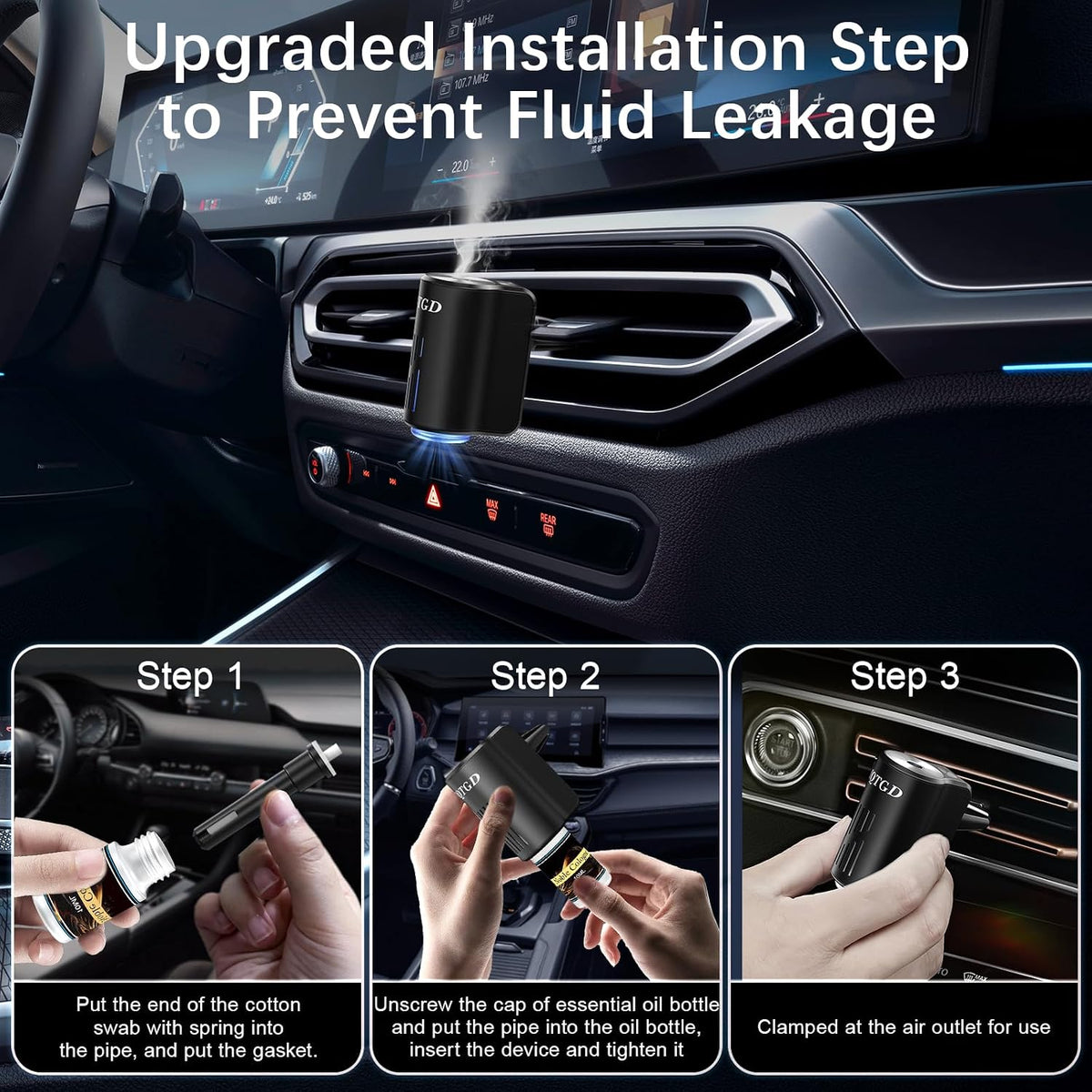 Difusor de ambientador de automóvil, ambientador inteligente para automóvil con tres modos de luz ajustables, aromatizante recargable para carro con 8 piezas de aceite esencial, de larga duración