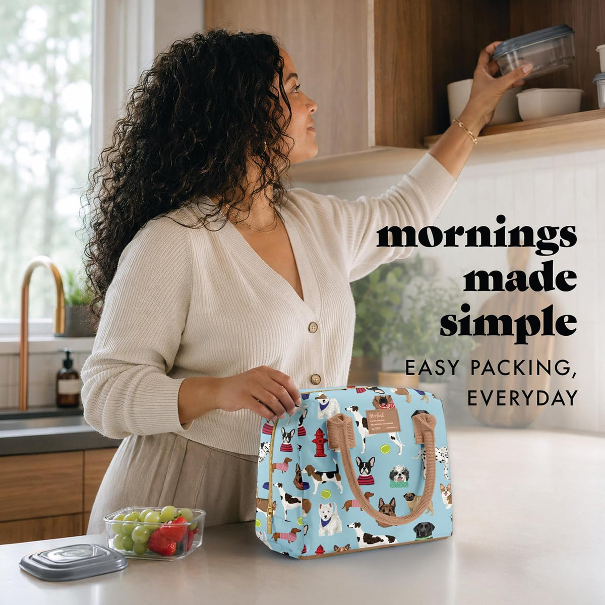 Fit & Fresh Bolsa de almuerzo aislada para mujer, caja grande a prueba de fugas y resistente a las manchas con contenedores, cierre de cremallera, Bloomington, tema de perros