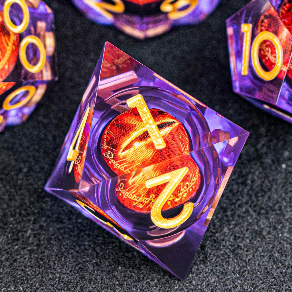 DND Gaze - Juego de 7 dados poliédricos de núcleo líquido para juego de rol de Dungeons Dragons RPG, dados D y D con bordes afilados de resina con caja de regalo D6 D8 D10 D12 D20 (morado