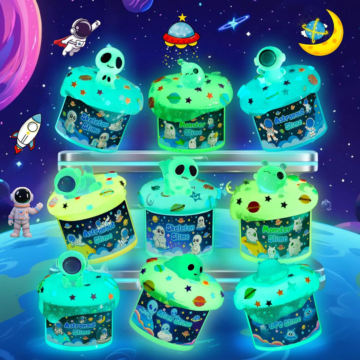 Paquete de 9 unidades de slime Galaxy que brilla en la oscuridad, slime espacial con dijes de astronauta, alienígenas y ovni, juego de limos de bricolaje, juguetes sensoriales, regalos de fiesta para niños