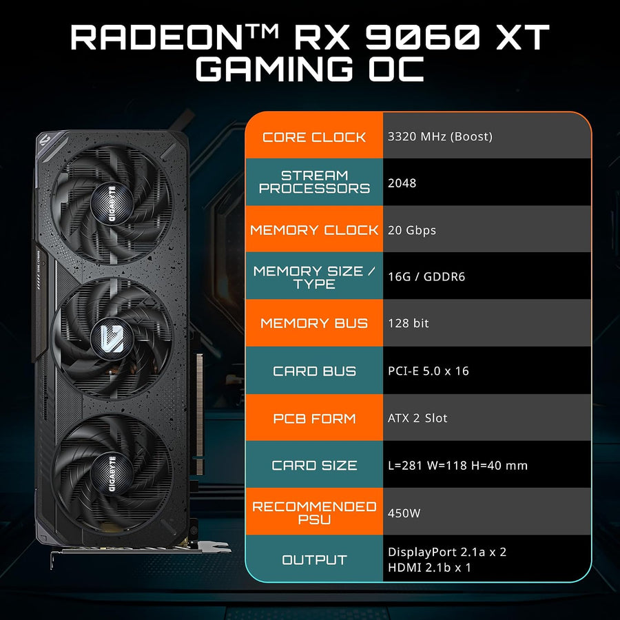 GIGABYTE Radeon RX 9060 XT Gaming OC 16G, tarjeta gráfica, PCIe 5.0...