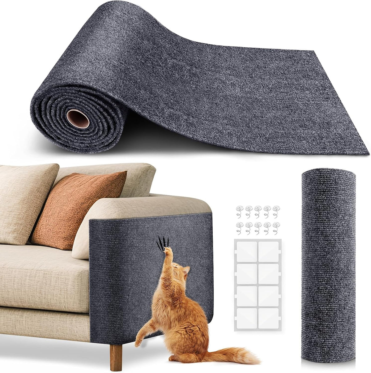Protector de muebles para arañazos de gatos, alfombra autoadhesiva recortable, tapete rascador de gato para cubrir la torre de gato y protector de sofá de garras de gato (78.7 x 15.8 pulgadas, gris