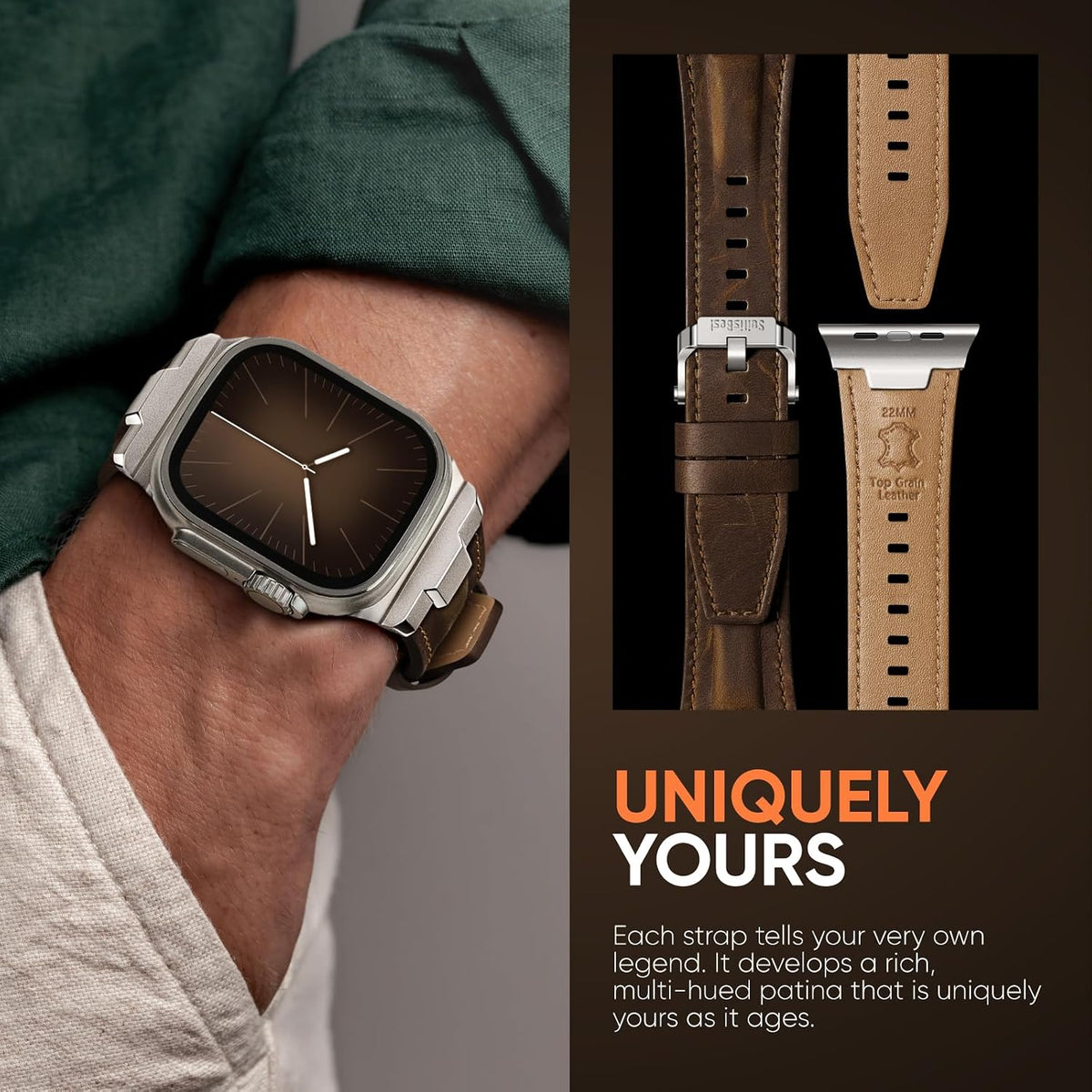 Suitisbest Correa de cuero compatible para Apple Watch Ultra Banda de 49 mm 46 mm 45 mm 44 mm 42 mm 41 mm 40 mm, correa de repuesto de cuero genuino para iWatch series 11 10 9 8 7 6 5 4 3 2 1, SE 3 2