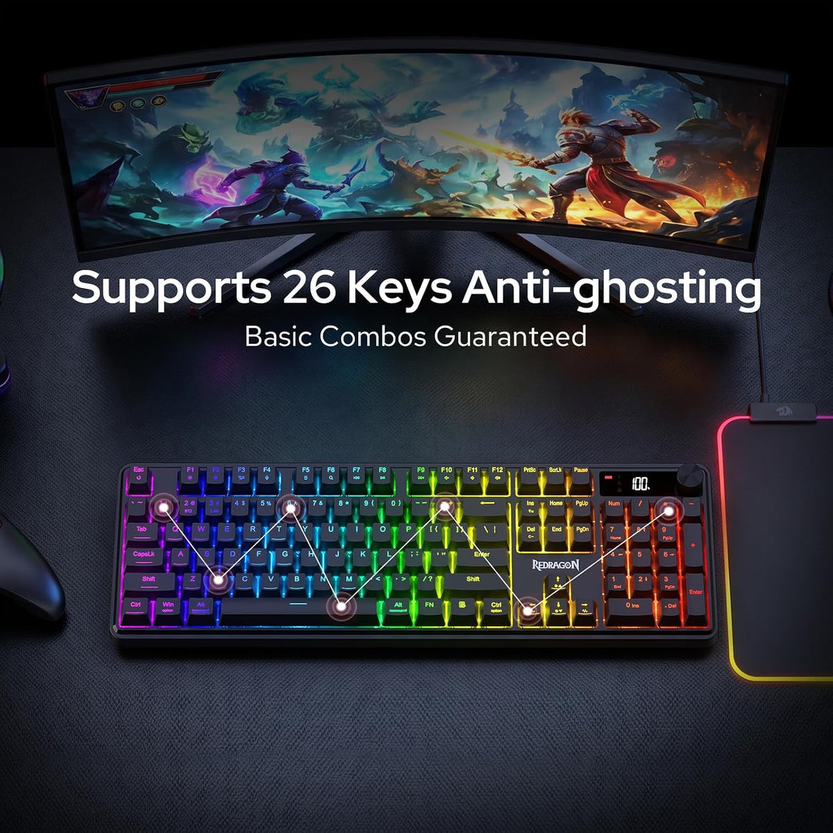 Redragon K526 PRO Teclado inalámbrico RGB para juegos, pantalla LED...