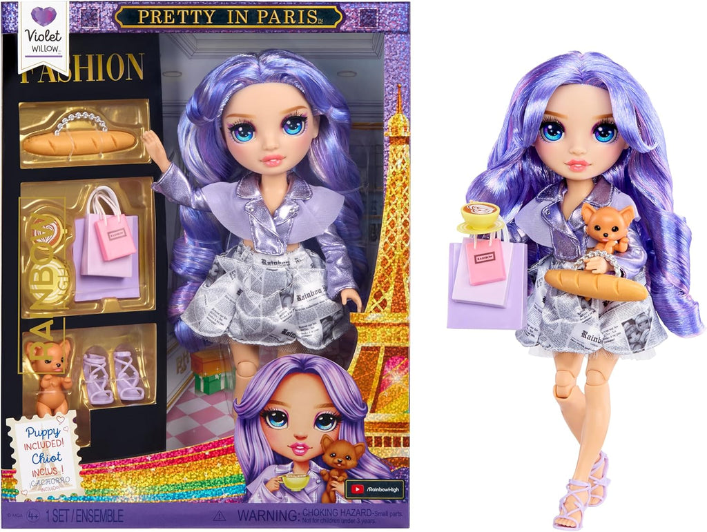 Rainbow High Pretty in Paris Fashion - Violet Willow (púrpura), muñeca de moda arcoíris de 11 pulgadas con atuendo, bolso elegante, regalo de juguete para niñas de 4 a 12 años