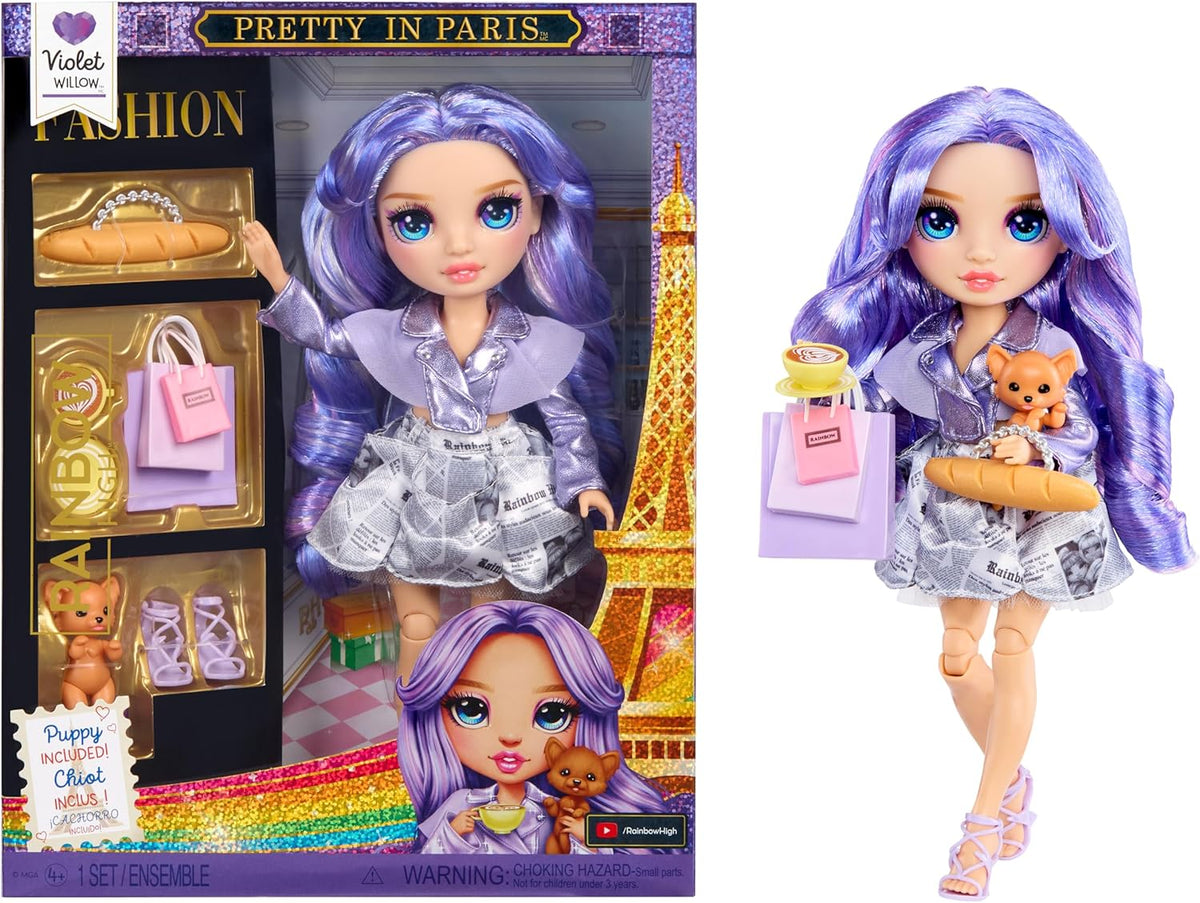 Rainbow High Pretty in Paris Fashion - Violet Willow (púrpura), muñeca de moda arcoíris de 11 pulgadas con atuendo, bolso elegante, regalo de juguete para niñas de 4 a 12 años