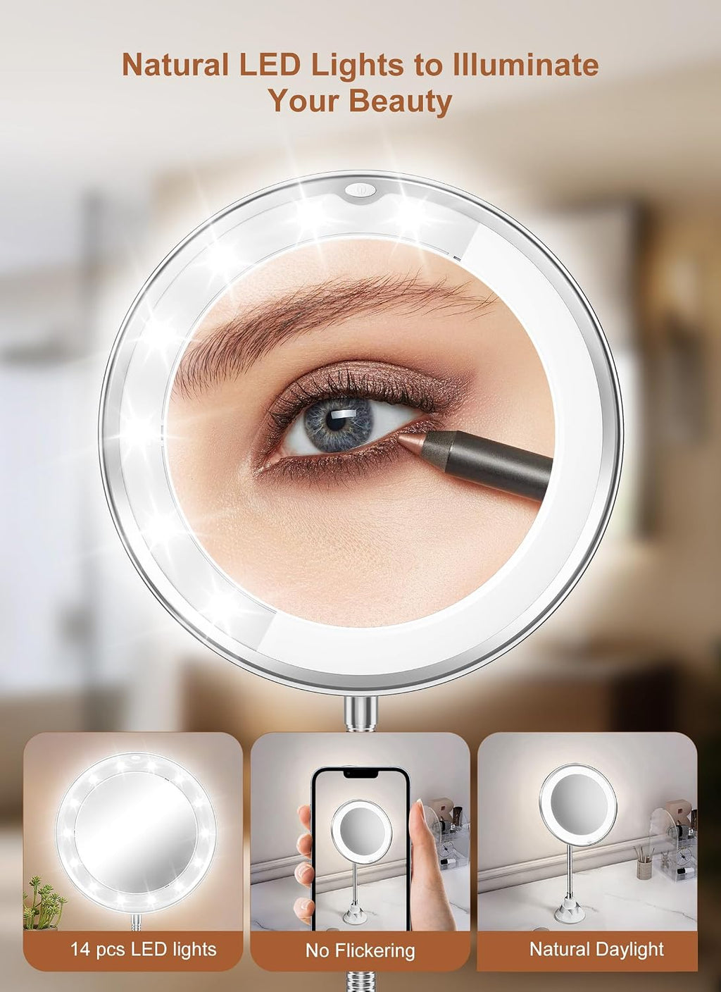 Espejo de aumento 10x con luz, espejo de maquillaje de viaje flexible de