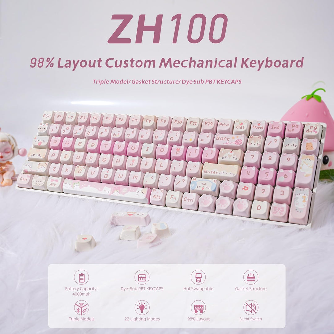 ZORNHER ZH100 - Teclado mecánico inalámbrico para gatos, 98% rosa c...