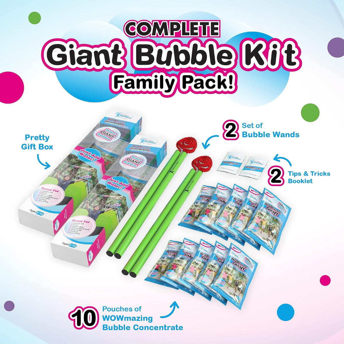 Kit de burbujas gigantes, paquete familiar (juego de 14 piezas) con varita de burbujas grandes y concentrado de solución (hace 3 galones de burbujas grandes) | Mejor valor para diversión