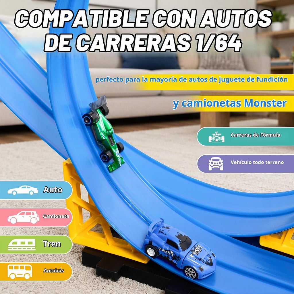MINDNOOK Juego de pista de carreras flexible de 16 pies para niños, pista de carreras portátil enrollable con 4 autos y ventosas, compatible con autos de juguete fundidos a presión 1:64, regalo para niños y niñas de 4 a 12 años