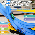 MINDNOOK Juego de pista de carreras flexible de 16 pies para niños, pista de carreras portátil enrollable con 4 autos y ventosas, compatible con autos de juguete fundidos a presión 1:64, regalo para niños y niñas de 4 a 12 años
