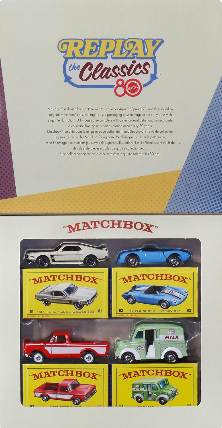 Matchbox Mattel 80Th Anniversary - Paquete de 4 autos y camiones de juguete a escala 1:64 con piezas móviles