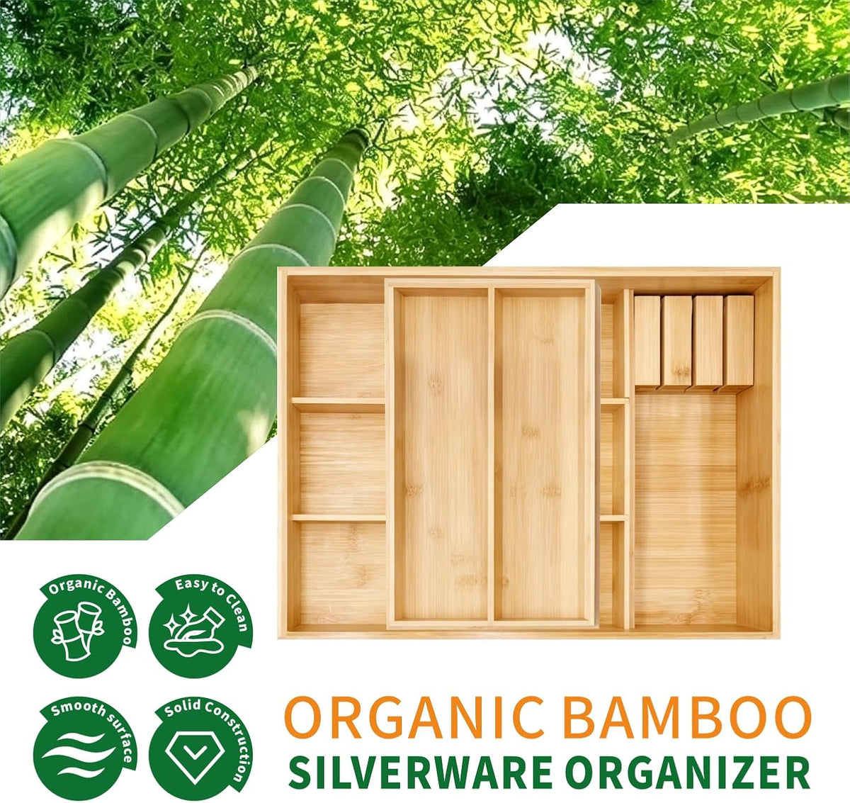 Organizador de cajones de cocina de bambú, 6 compartimentos anchos