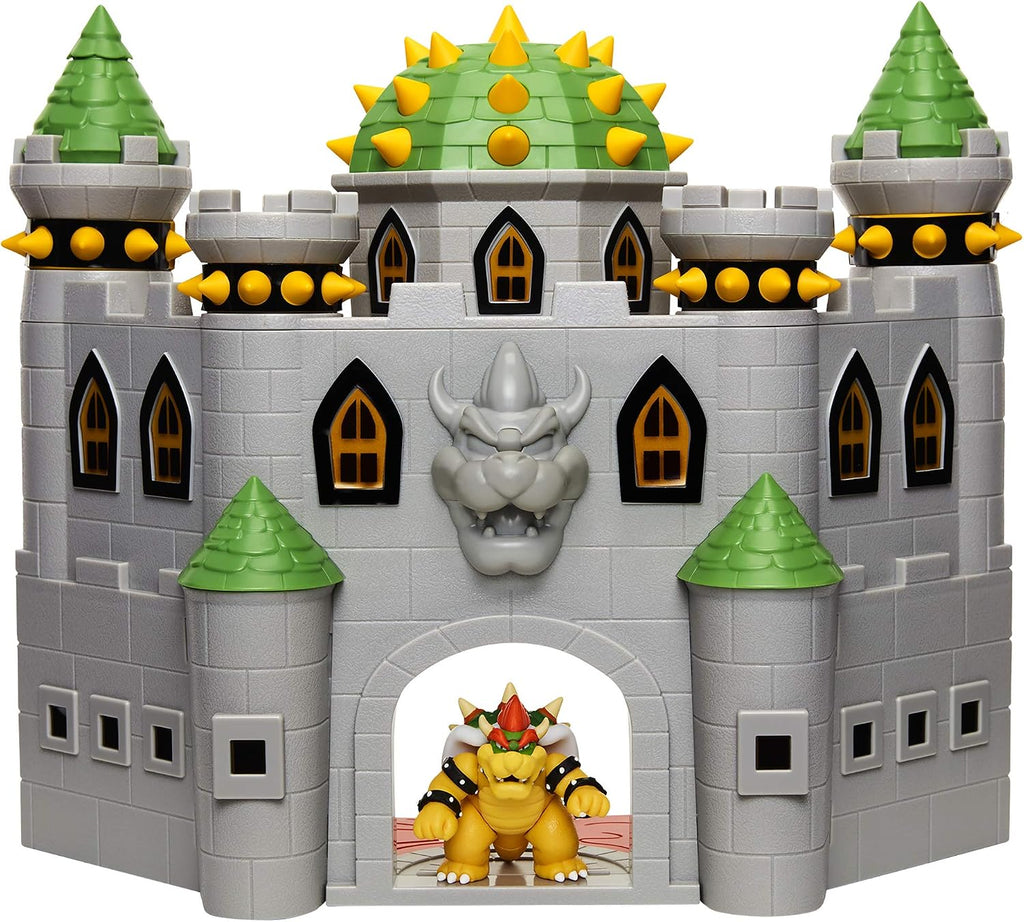 Super Mario Nintendo Set de juego Deluxe del castillo de Bowser con figura de acción articulada exclusiva de Bowser de 6.35 cm, set de juego interactivo con sonidos auténticos del juego