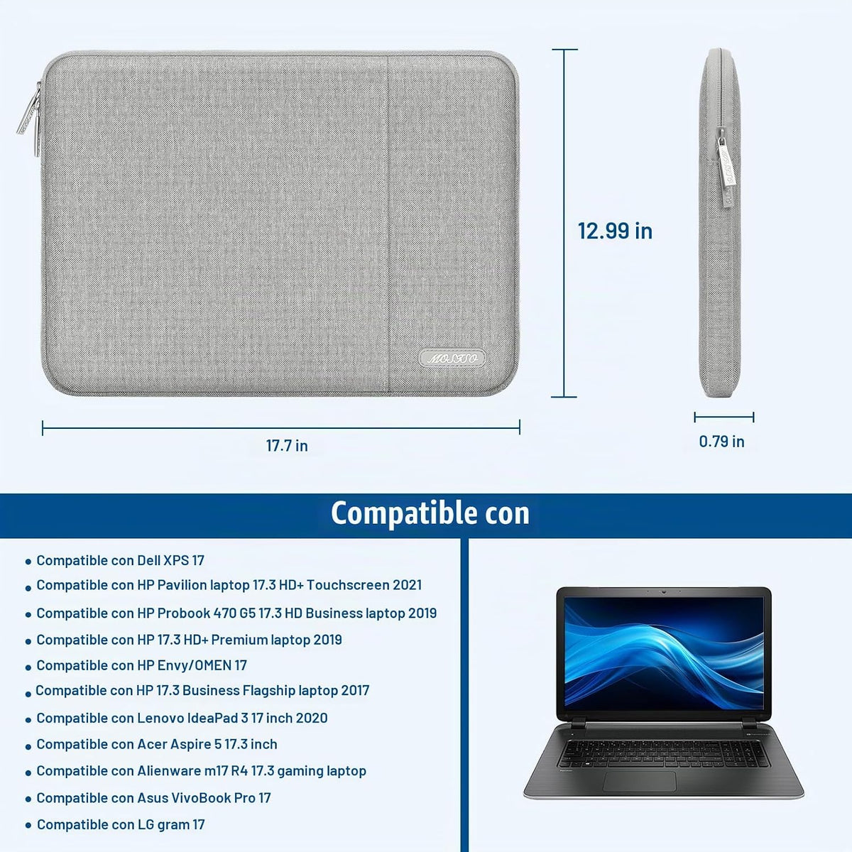 MOSISO Funda vertical de poliéster con bolsillo para laptop de 17 a...
