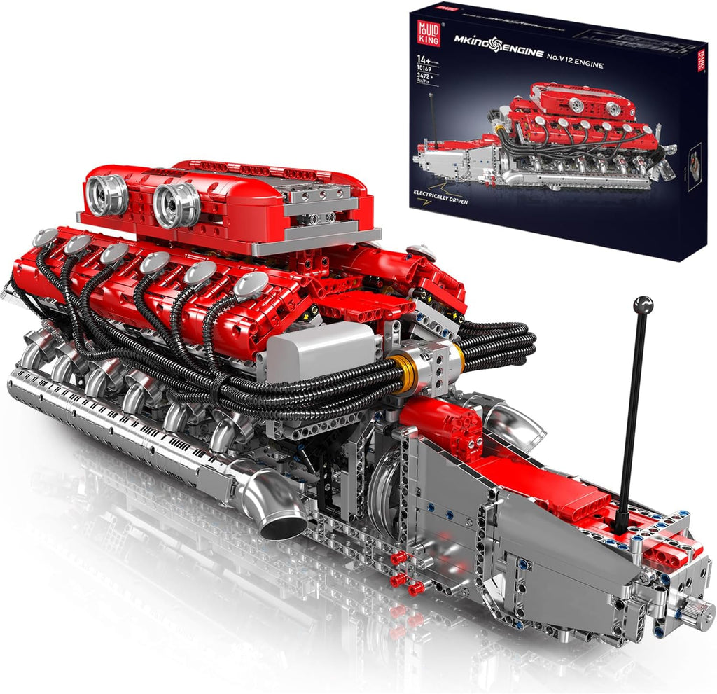 Mould King Kit de modelo de motor V12 que funciona – Juego de bloques de construcción de mini motores motorizados con batería y cambio de marchas, juguete STEM de construcción de automóviles para adultos, kit de ingeniería mecánica de bricolaje (más de