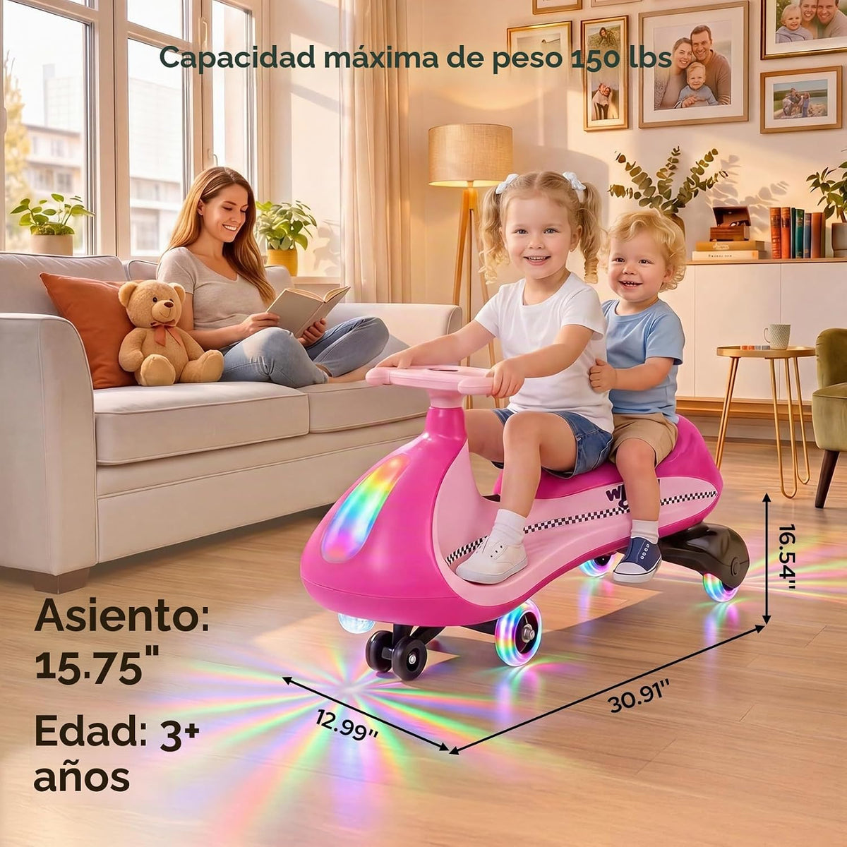 Coche eléctrico de 12 V, Wiggle Car para niños con luz intermitente inferior, 2 velocidades, juguetes de paseo para niños con calcomanía, 9 modos de color, ruedas intermitentes, Bluetooth