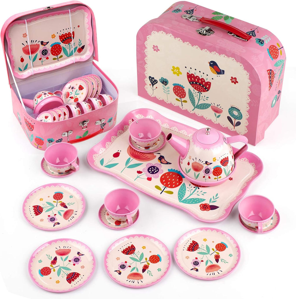D-FantiX Juego de té para niñas pequeñas, 15 piezas, juego de té de lata