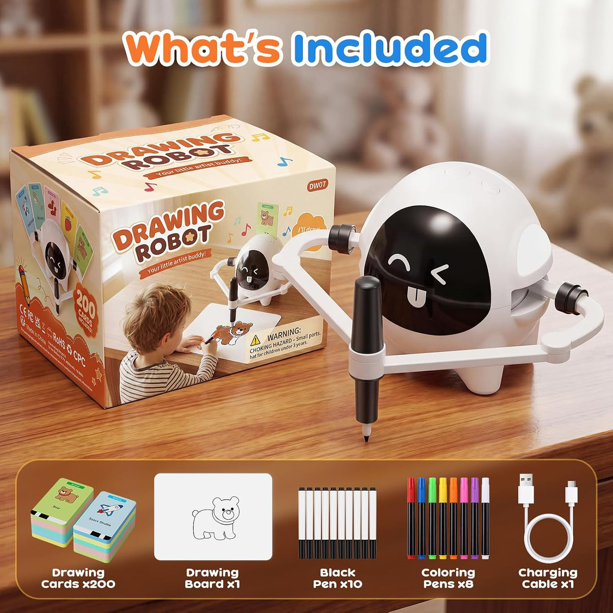 Robot de dibujo con 200 tarjetas Montessori Learning Toys para niños de 3