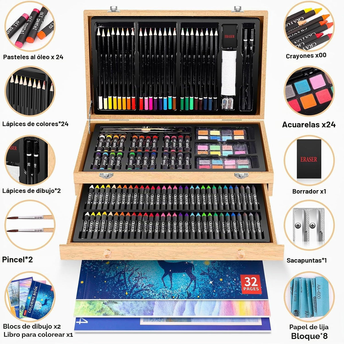 iBayam 150-Pack Deluxe Wooden Art Set Crafts Drawing Painting Kit