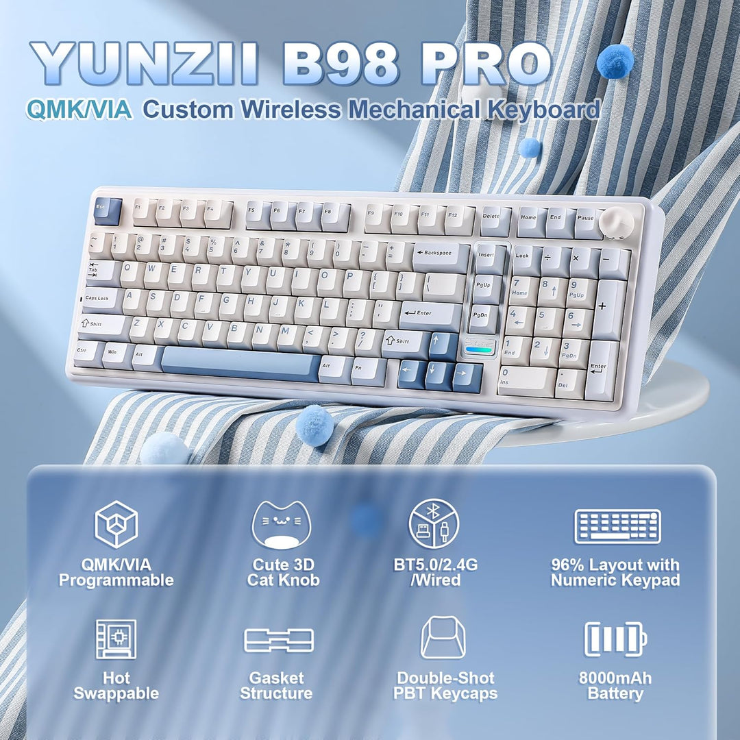 YUNZII B98 PRO QMK\/VIA Wireless Mechanical Gaming Keyboard, 96% La...